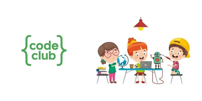 An image of cartoon children sat at a table with electronics. "Code Club" is written to the side of the image