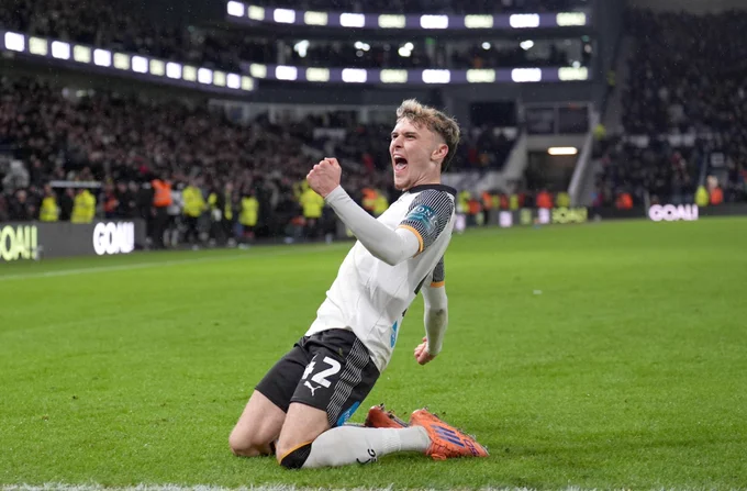 Bobby Clark celebrates following his match-winning strike against Middlesbrough at Pride Park Stadium in January.