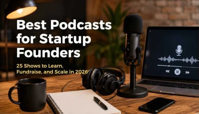 Best podcasts for startup founders with a microphone, headphones, laptop, notebook, and coffee cup on a workspace desk.