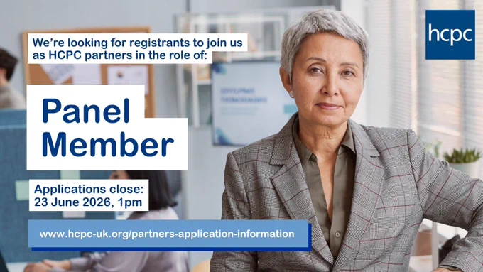 Professional in a gray plaid blazer sitting in a modern office, promoting HCPC panel member recruitment with application deadline June 23, 2026.