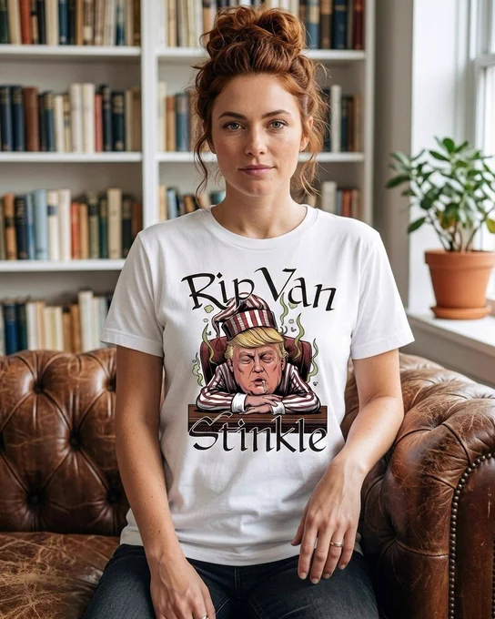 A satirical cartoon of Donald Trump wearing red and white striped pajamas and a nightcap, fast asleep and drooling at a desk. The text "Rip Van Stinkle" surrounds him, accompanied by green stink lines and flies.