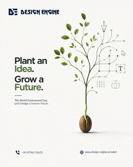 A minimalist World Environment Day poster featuring a growing green plant emerging from a seed at the center. The plant blends with digital design elements, symbolizing innovation, sustainability, and growth. On the left, bold typography reads, "Plant an Idea. Grow a Future." The clean white background and modern design create a premium, eco-conscious visual promoting environmental awareness and tree planting initiatives.