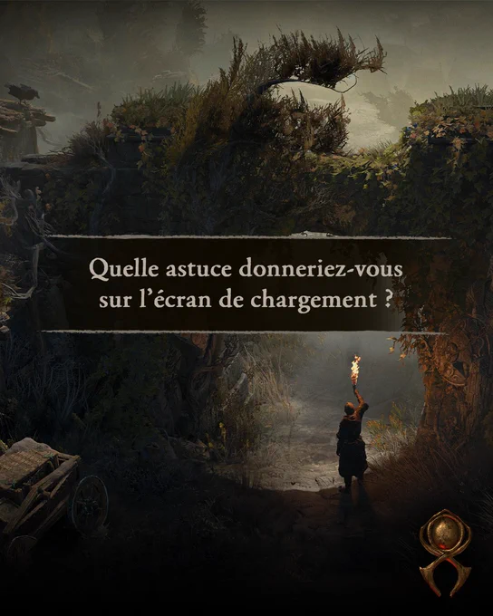 Un lieu de Diablo\u00A0IV inqui\u00E9tant et myst\u00E9rieux, envelopp\u00E9 de brume. Une silhouette solitaire se tient \u00E0 l\u2019entr\u00E9e d\u2019un passage circulaire naturel embroussaill\u00E9, une torche \u00E0 la main. \u00C0 c\u00F4t\u00E9 d\u2019elle, une masure d\u00E9labr\u00E9e est recouverte de v\u00E9g\u00E9tation. Sur une banni\u00E8re sombre, un texte centr\u00E9 pose la question suivante\u00A0: \u00AB\u00A0Quelle astuce donneriez-vous sur l\u2019\u00E9cran de chargement\u00A0?\u00A0\u00BB. Un embl\u00E8me en bronze en forme d\u2019araign\u00E9e orne le coin inf\u00E9rieur droit de l\u2019image.