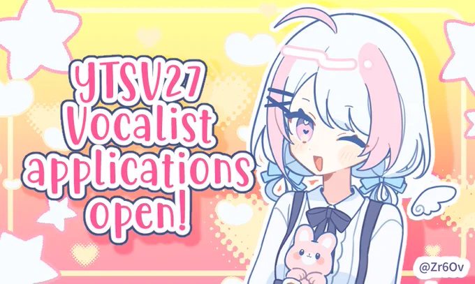 Image of a cute pink and white anime girl smiling. Text says: YTSV27 vocalist applications open!
