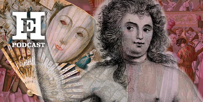 A collage-style image featuring intricate historical illustrations. It includes a drawing of a person with detailed hair, a fan with artistic designs, and a theatrical mask. The background shows a scene with numerous figures in period costumes. 