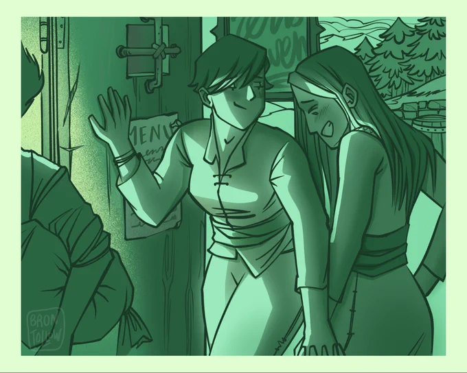 Caitlyn and Vi going into their local tavern. Smirking and giggling