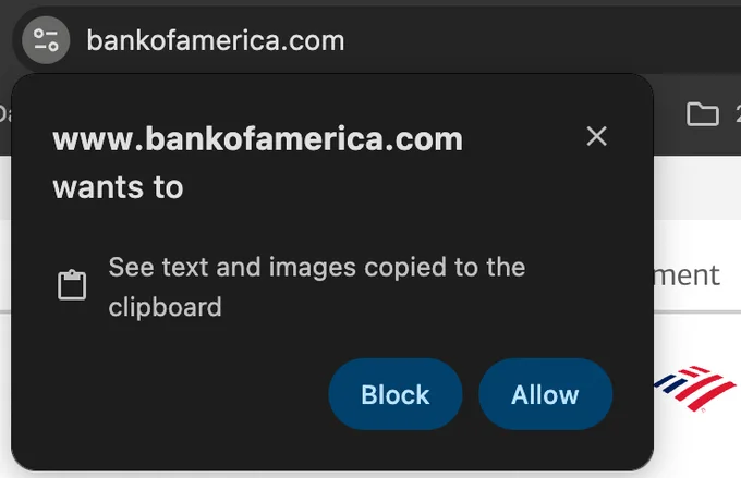 Screenshot of a Bank of America browser pop up asking the user to all the site to see text and images copied to the clipboard.