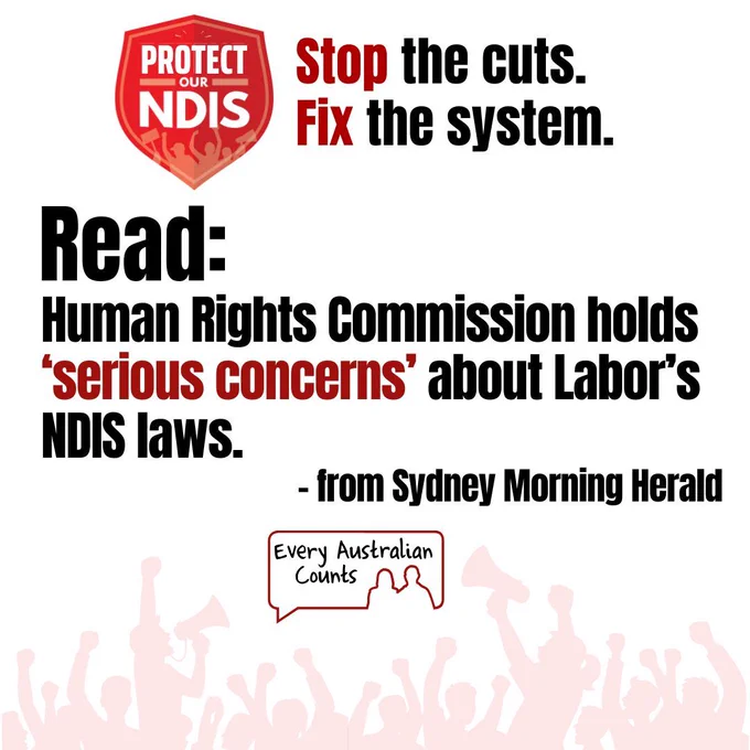 Campaign graphic featuring the Protect Our NDIS logo and the words "Stop the cuts. Fix the system." Large text quotes a Sydney Morning Herald headline: "Human Rights Commission holds 'serious concerns' about Labor's NDIS laws." The source is attributed to the Sydney Morning Herald. The Every Australian Counts logo appears above a crowd illustration representing community advocacy and collective action.