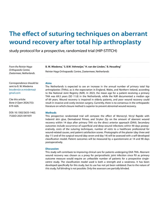 Study protocol details effects of suturing techniques on wound recovery after total hip arthroplasty in a randomized trial.