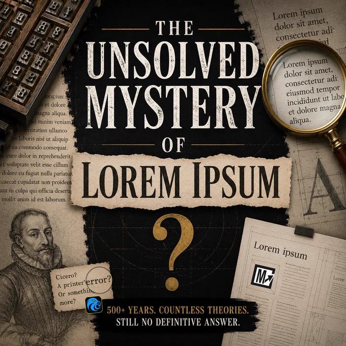 graphic with old printer and the text, "The unsolved mystery of Lorem Ipsum"