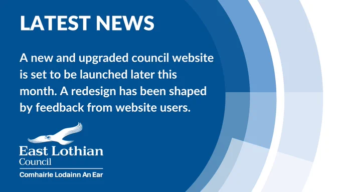Text reads: 'LATEST NEWS. A new and upgrade council website is set to be launched later this month. A redesign has been shaped by feedback from website users'. The council logo also appears in the graphic.