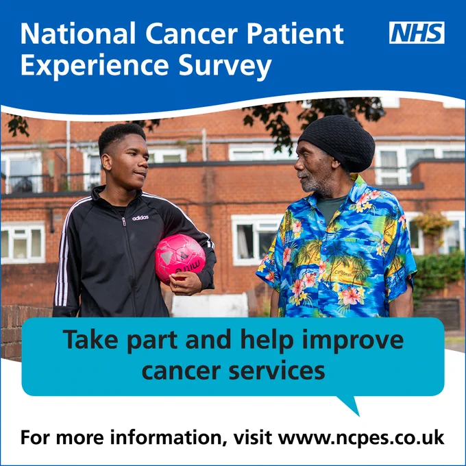 Blue NHS graphic promoting the National Cancer Patient Experience Survey, with the NHS logo at the top. The main image shows two people outdoors talking while standing near a brick building, one holding a bright pink football. A turquoise speech bubble reads “Take part and help improve cancer services.” At the bottom, text says “For more information, visit www.ncpes.co.uk”