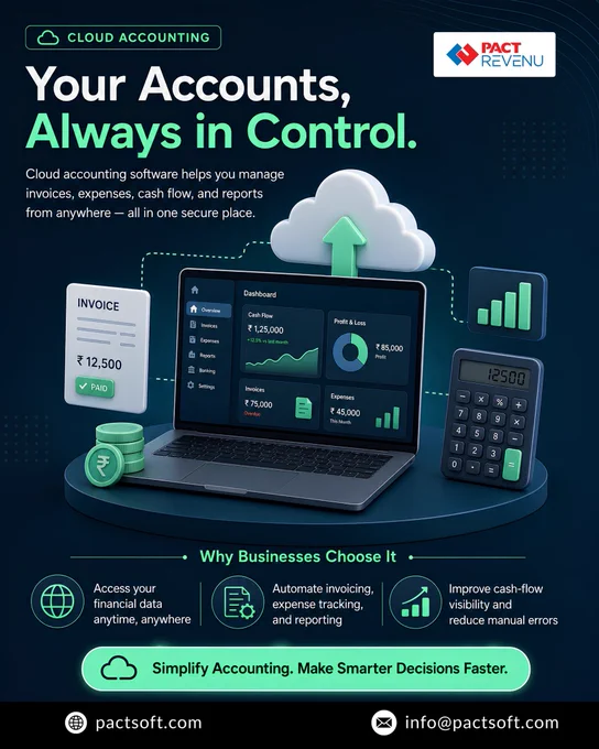 Promotional graphic for PACT REVENU Cloud Accounting Software featuring the headline “Your Accounts, Always in Control.” The design showcases a modern laptop displaying a cloud accounting dashboard with financial metrics, including cash flow, profit and loss, invoices, and expenses. A large cloud icon with an upward arrow symbolizes secure cloud-based financial management and business growth. Supporting visuals include a paid invoice, calculator, currency coins, and analytics charts representing accounting, expense tracking, reporting, and cash flow management. The graphic highlights key benefits of cloud accounting software, including access to financial data anytime and anywhere, automated invoicing and expense tracking, real-time reporting, improved cash-flow visibility, and reduced manual errors. A call-to-action states “Simplify Accounting. Make Smarter Decisions Faster.”