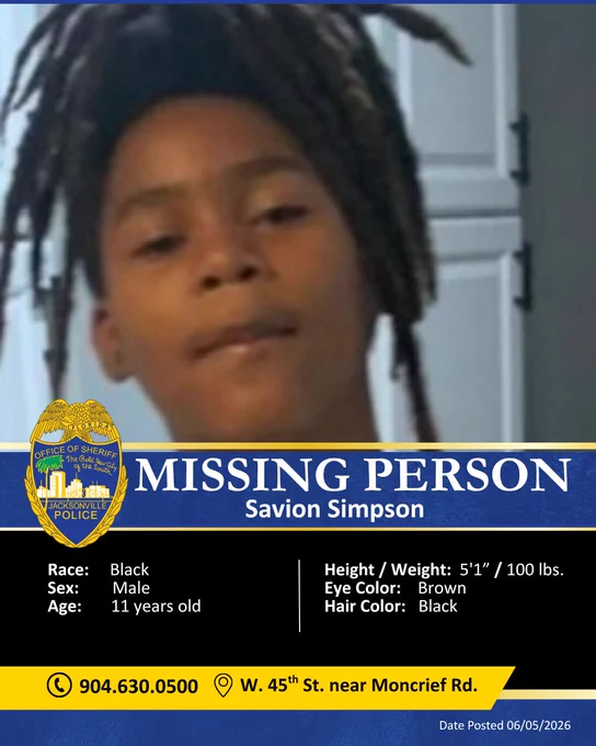 Missing persons poster for 11 year old Savion Simpson, more information available in caption