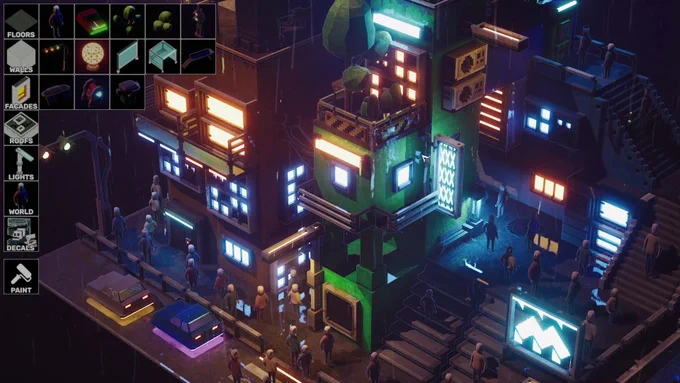 Futuristic cityscape with neon-lit buildings and small human figures in an isometric view.

Transcribed Text:

FLOORS
WALLS
FACADES
ROOFS
LIGHTS
WORLD
DECALS
PAINT