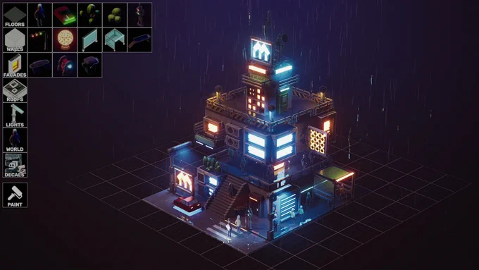 Futuristic cityscape with neon-lit buildings and small human figures in an isometric view.

Transcribed Text:

FLOORS
WALLS
FACADES
ROOFS
LIGHTS
WORLD
DECALS
PAINT