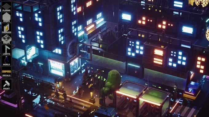 Futuristic cityscape with neon-lit buildings and small human figures in an isometric view.

Transcribed Text:

FLOORS
WALLS
FACADES
ROOFS
LIGHTS
WORLD
DECALS
PAINT