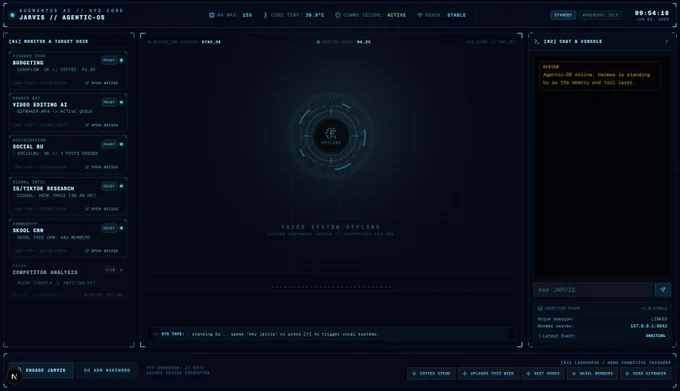 Futuristic JARVIS Agentic-OS command center dashboard showing integrated micro-app controls and a voice-activated interface.