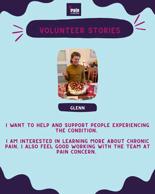 A volunteer named Glenn enjoys a moment with a cake while explaining his commitment to supporting chronic pain sufferers.