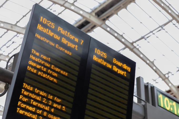 Train departure board at Paddington Station