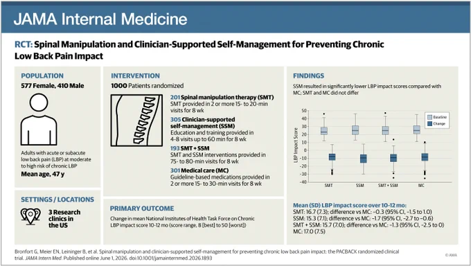 JAMA Internal Medicine RCT summary: Spinal Manipulation (SMT) and Clinician-Supported Self-Management (SSM) for chronic low back pain. 1000 patients randomized across 4 groups. SSM showed significantly lower LBP impact scores vs Medical Care (MC). SMT and MC did not differ.