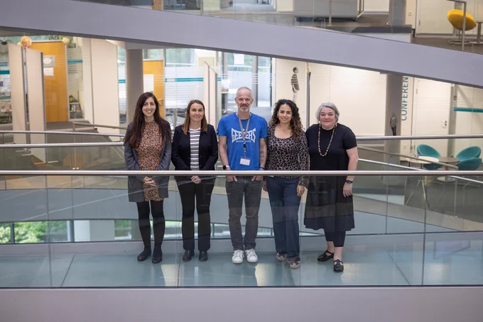 Photgraph showing some of the many European partners that are taking data stewardship to the next level (from right to left): representatives from EMBL (Nina Habermann and Isabela Paredes Cisneros), Merck (Boris Adryan), University of Freiburg (Anika Erxleben), and University of Cambridge Libraries and Archives(Kim Clugston). Credit: Joseph Franciosa/EMBL