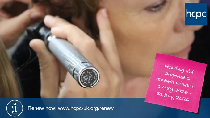Close-up of a healthcare professional using an otoscope to examine a patient's ear, with notice about hearing aid dispensers' renewal window, from 1 May 2026 to 31 July 2026. 