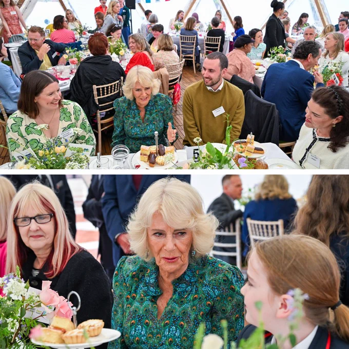 Two photos of Her Majesty The Queen in conversation with child and adult volunteers inside a festive decorated with colourful bunting