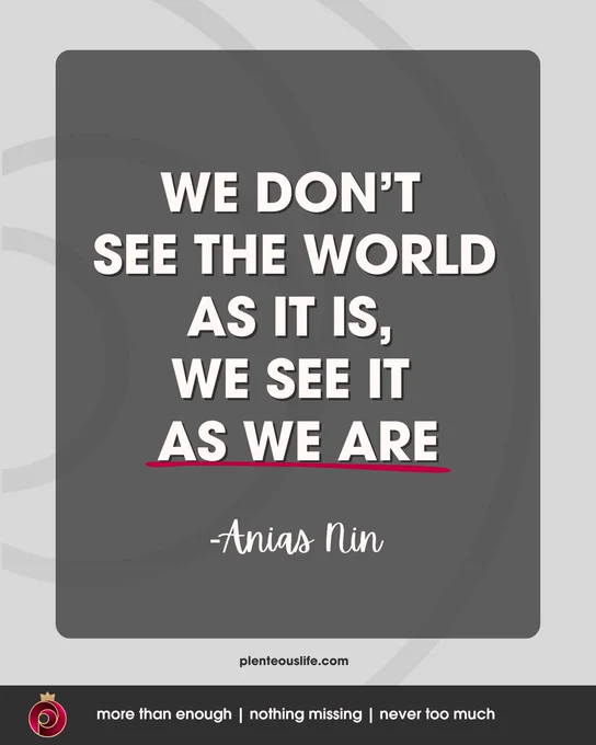 Dark charcoal square card on a light gray background with concentric circle design elements. Bold white all-caps text reads: "We don't see the world as it is, we see it as we are." The phrase "as we are" has a crimson underline for emphasis. Attribution in white script below reads: -Anias Nin. The card connects to the theme that perception is shaped by identity, not reality: the story we carry determines what we see. Footer bar in near-black displays the plenteouslife.com URL and tagline: more than enough | nothing missing | never too much. Shared by Becky Henderson of The Plenteous Life.