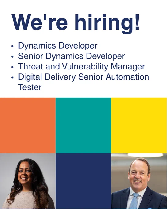 Job openings listed for Dynamics Developer, Senior Dynamics Developer, Threat and Vulnerability Manager, and Digital Delivery Senior Automation Tester roles.
