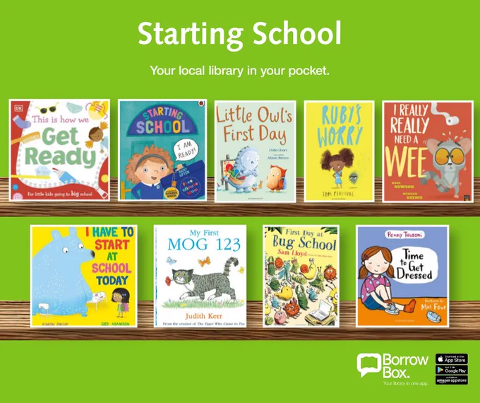 Colourful children's book covers about starting school displayed on a green background with the text 'Starting School, Your local library in your pocket.'