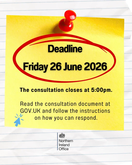 Graphic based on the NI local growth consultation. The text reads: Deadline: Friday 26 June 2026. The consultation closes at 5:00pm. Read the consultation document at gov.uk and follow the instructions on how you can respond.