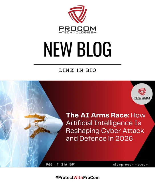 Procom Technologies promotional graphic announcing a new cybersecurity blog. The image features a robotic hand interacting with a digital interface, symbolizing the growing role of artificial intelligence in cybersecurity. The post highlights emerging cyber risks and defense strategies in the AI era and includes Procom Technologies branding and contact information. Learn more at www.procomme.com