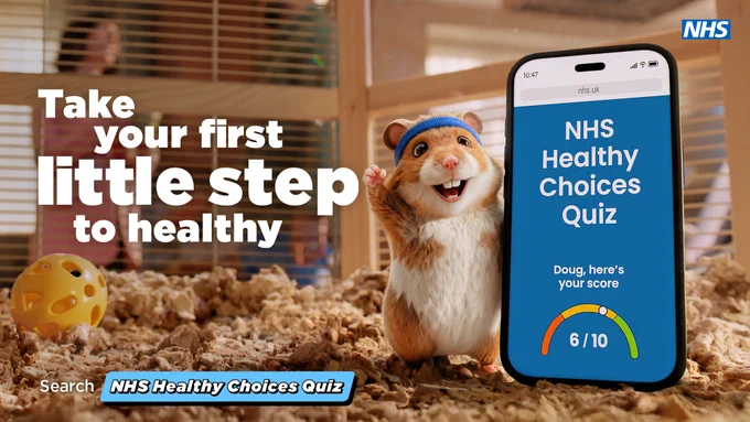 A photo of a hamster punching the air while holding a mobile phone with the healthy choices quiz on. Text reads: Take your first little step to health. Search NHS Health Choices Quiz.
