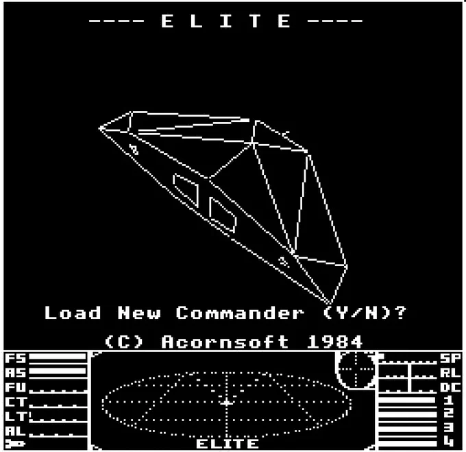 A spinning Cobra Mark 3 in Acorn Electron Elite (Acornsoft, 1984).
Disc images - including a flicker-free version - can be downloaded from Mark Moxon's Elite site, at https://elite.bbcelite.com/playing_elite/ and played on either a real machine or via an emulator.