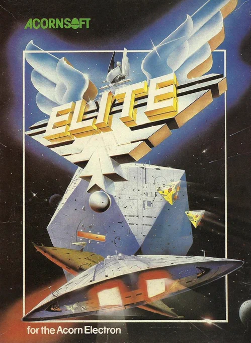 The retail box for Acorn Electron Elite (Acornsoft, 1984). The artwork was created by the renowned British airbrush artist Philip Castle.