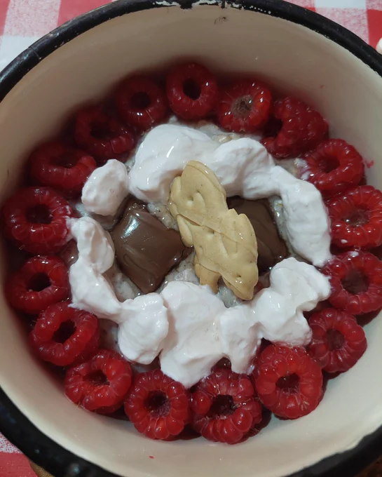 raspberry flavor protein oats
chia seeds
psyllium husk
sugar free chocolate
raspberry protein quark
raspberries
chicory root syrup
bunny animal cookie

around 300c 
(pray for my buh)