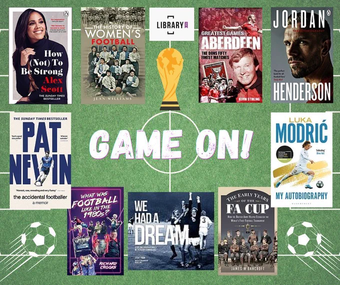 A selection of football themed books on a football pitch background with the text Game On!