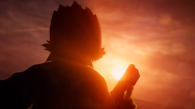 A bird character holding a GUNCON toward a sunset. Their jacket says "V.S.S.E ANGELS" on it. 