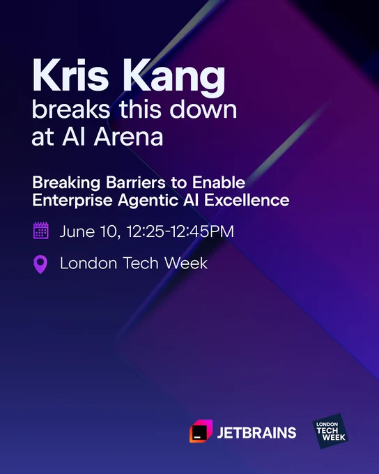 An event speaker promo image. The text reads: "Kris Kang breaks this down at AI Arena. Breaking Barriers to Enable Enterprise Agentic AI Excellence. June 10, 12:25-12:45PM. London Tech Week." 