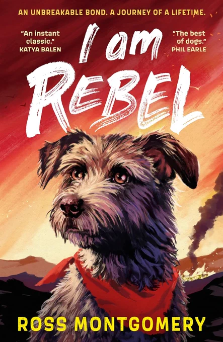 Colourful book cover with a painting of a dog against an orange sky background