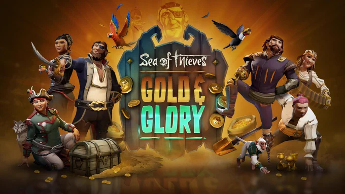 A number of pirates and animals pose around the words 'Sea of Thieves Gold & Glory'.