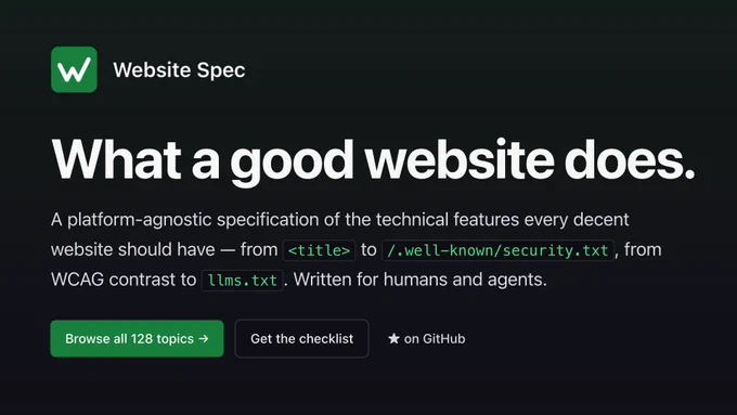 Website Spec logo, headline “What a good website does” and subtitle “A platform-agnostic specification of the technical features every decent website should have”.