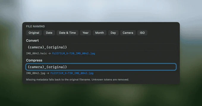 A user interface displaying file naming options for converting and compressing images with EXIF metadata integration.