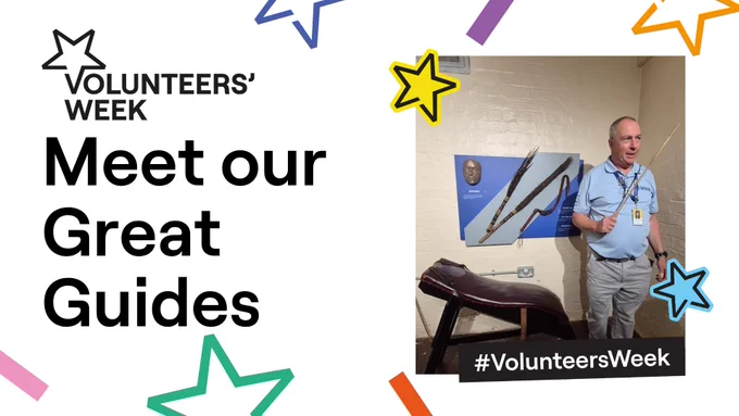A man in a museum holding a pointer stick, with text 'Meet our Great Guides' and '#VolunteersWeek'.