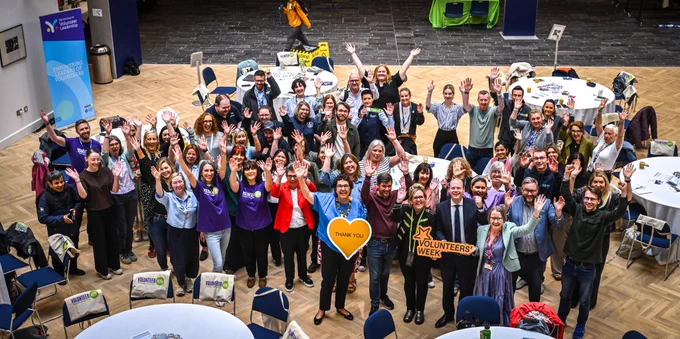 Group photo featuring Minister Lyons and volunteers at Volunteer Now’s Volunteers’ Week at Ulster University, Belfast.
