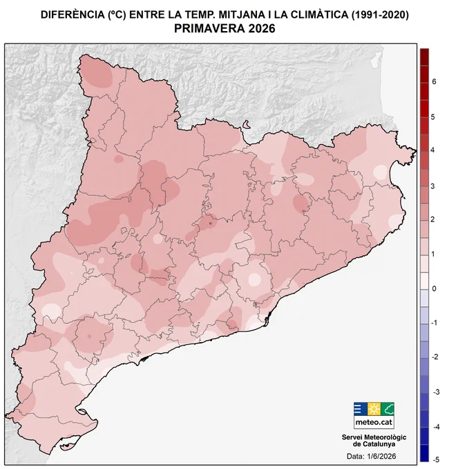 Mapa de l'anomalia de la temperatura mitjana respecte a la mitjana climàtica (1991-2020) de la primavera 2026.