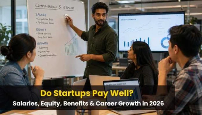 Startup team discussing salaries, equity, benefits, and career growth for the article “Do Startups Pay Well?” in 2026.
