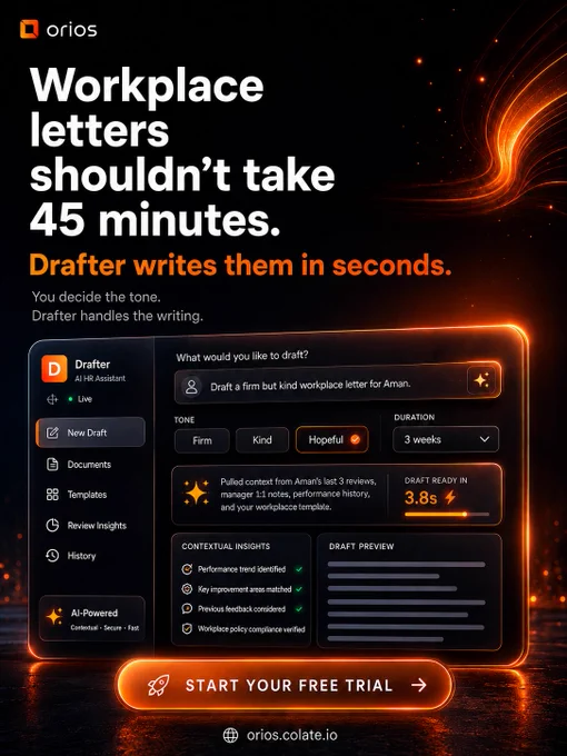 Orios Drafter AI HR assistant software interface showing how to draft a firm but kind workplace letter in 3.8 seconds using contextual insights. Dark futuristic theme with neon orange glowing accents and a "Start Your Free Trial" call-to-action button.