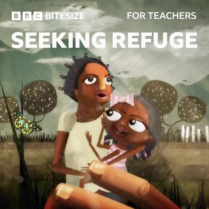 An animated scene featuring a young girl in the arms of her mother. Large text reads: Seeking Refuge.